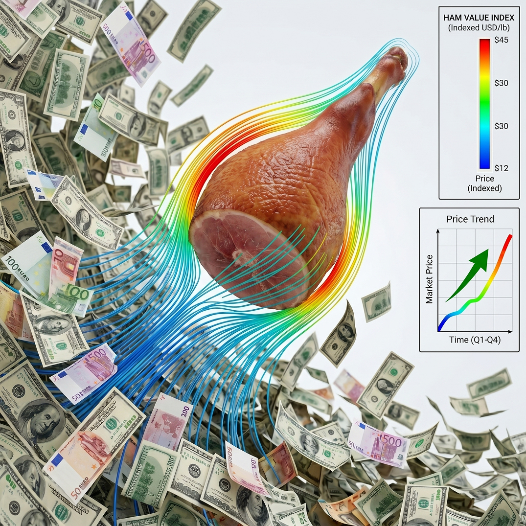 An aerodynamic ham flying through a storm of world currencies, with a rising price trend chart