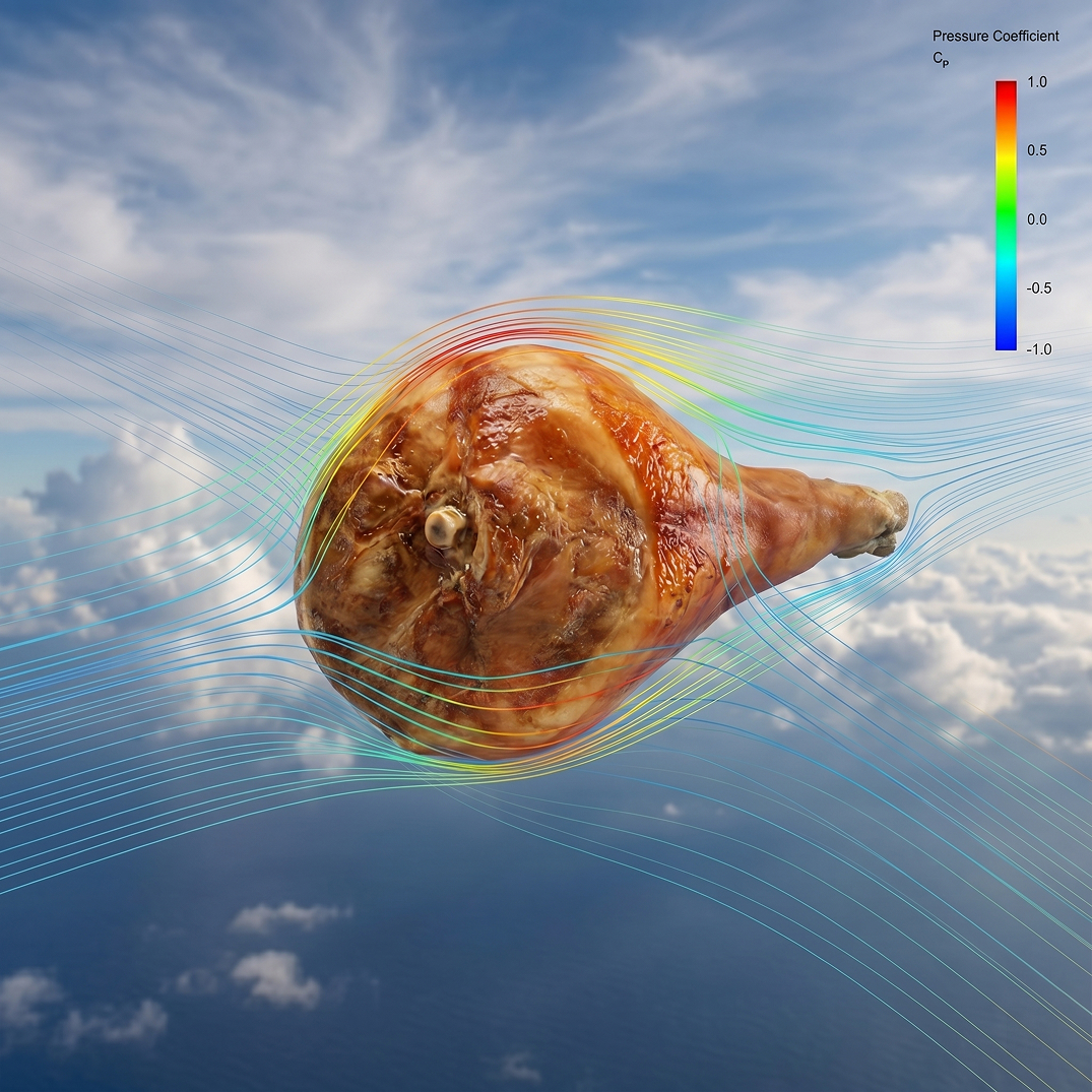 An aerodynamic ham in flight through the clouds